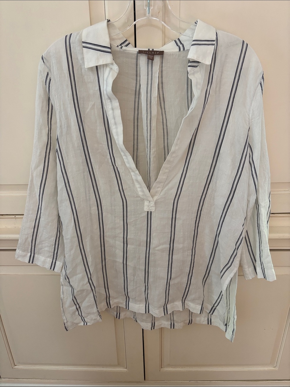 Lilla P Deep V Neck White Tunic with Navy Vertical Stripes